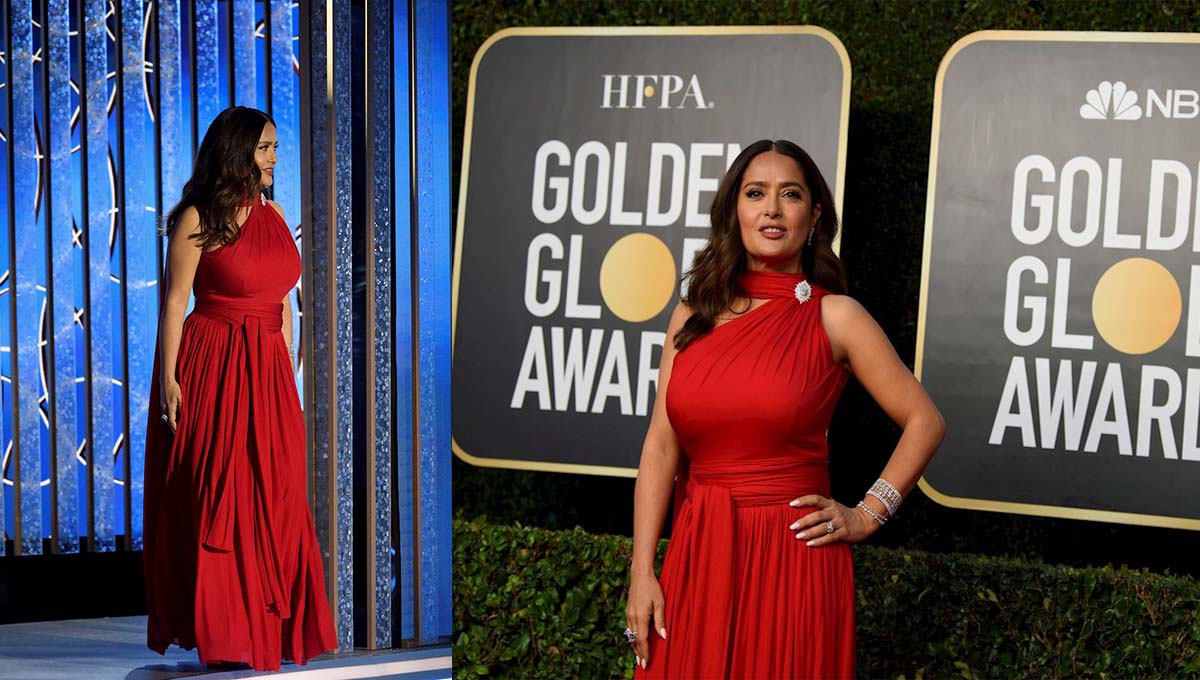 Salma Hayek vistió de rojo en los Golden Globes 2021. Foto: EFE