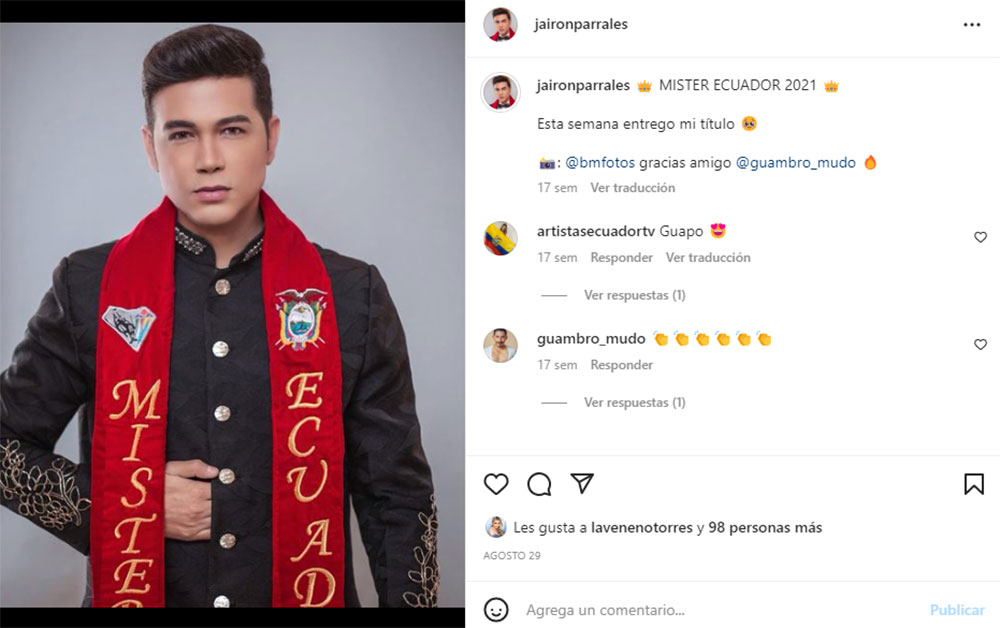 Mister Ecuador 2021 Jairon Parrales representará al país en Filipinas