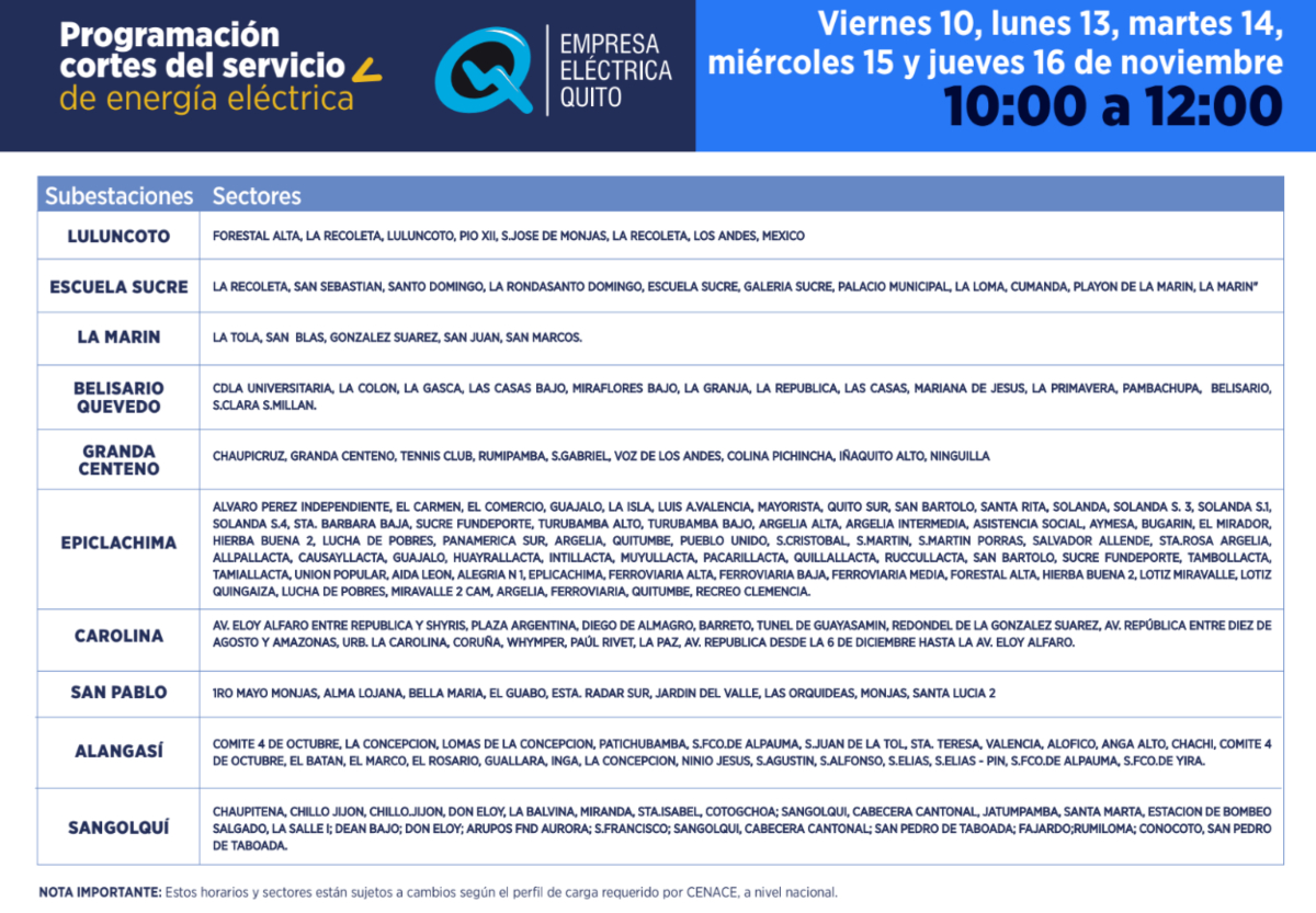 cortes de luz quito 13 de noviembre
