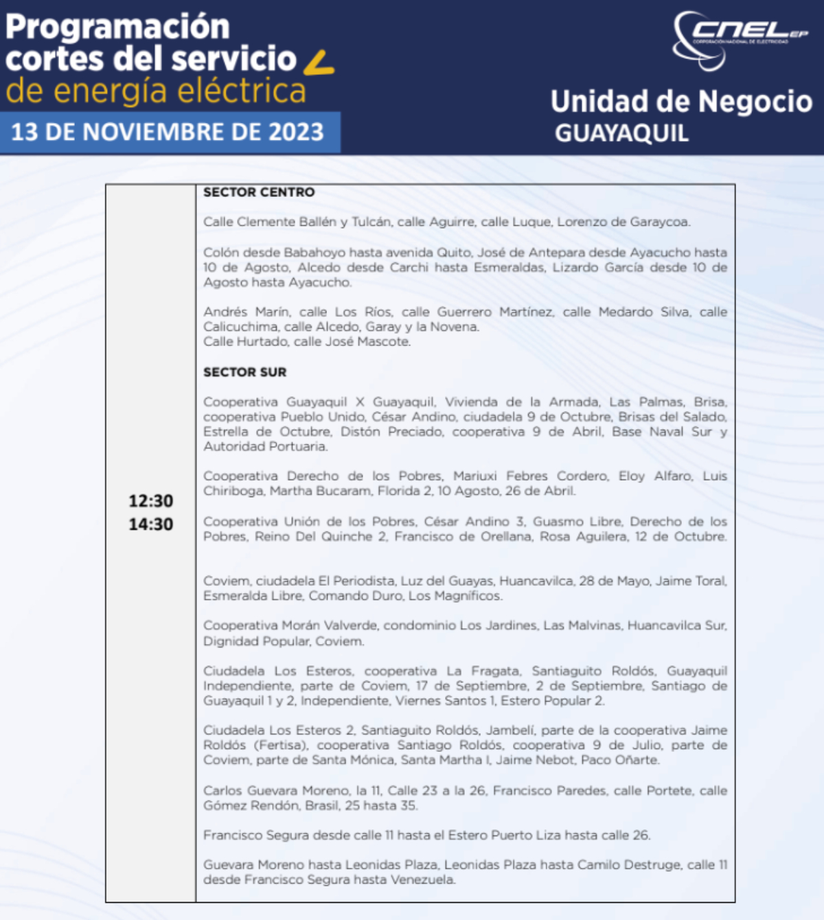 cortes de luz guayaquil 13 de noviembre