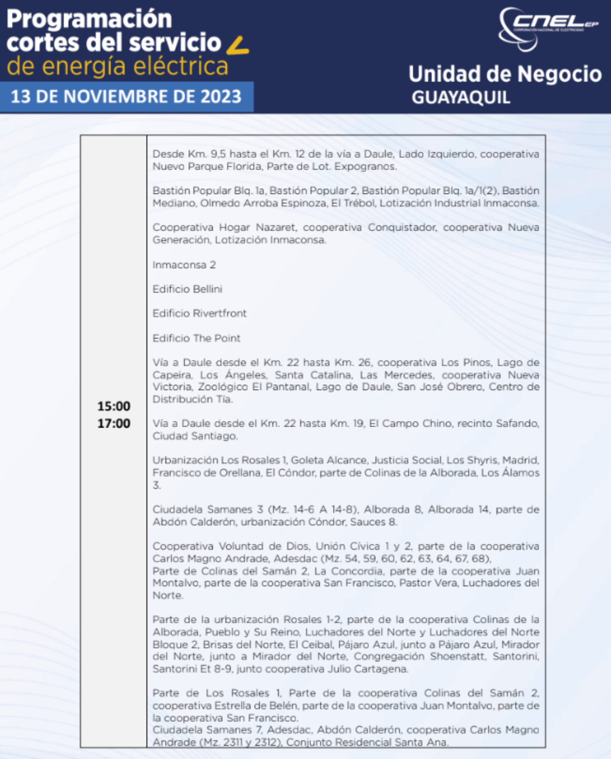 cortes de luz guayaquil 13 noviembre