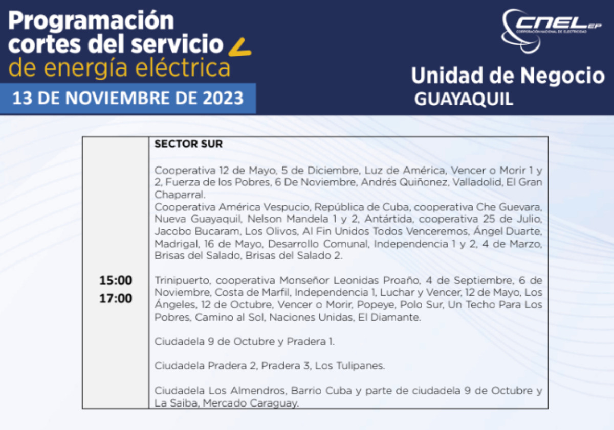cortes de luz guayaquil 13 de noviembre