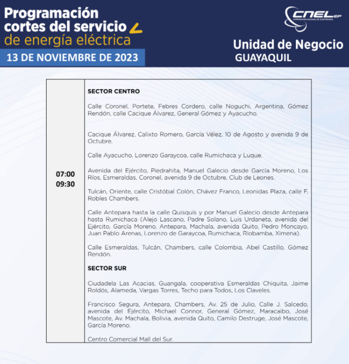 cortes de luz guayaquil 13 de noviembre