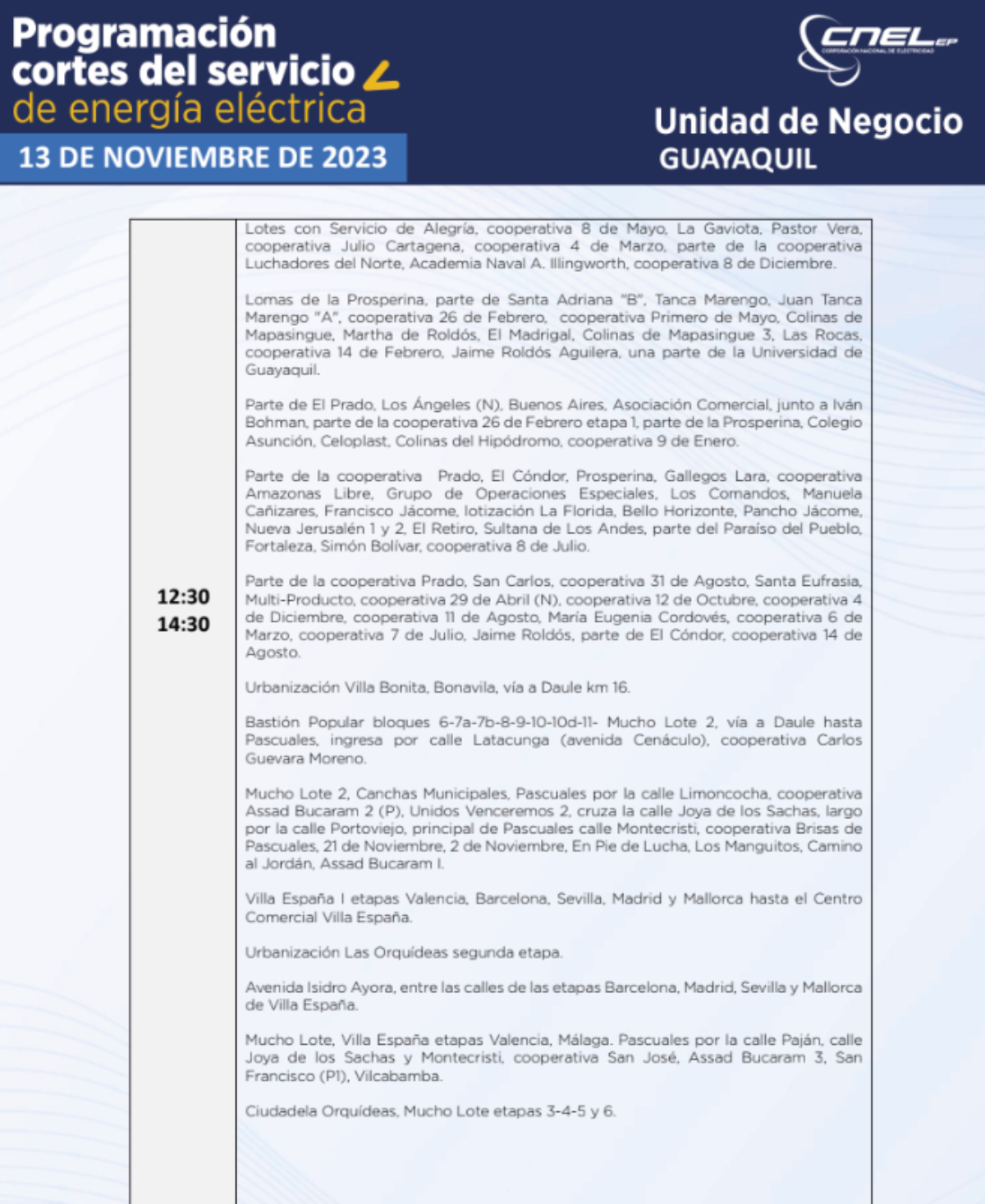 cortes de luz guayaquil 13 noviembre